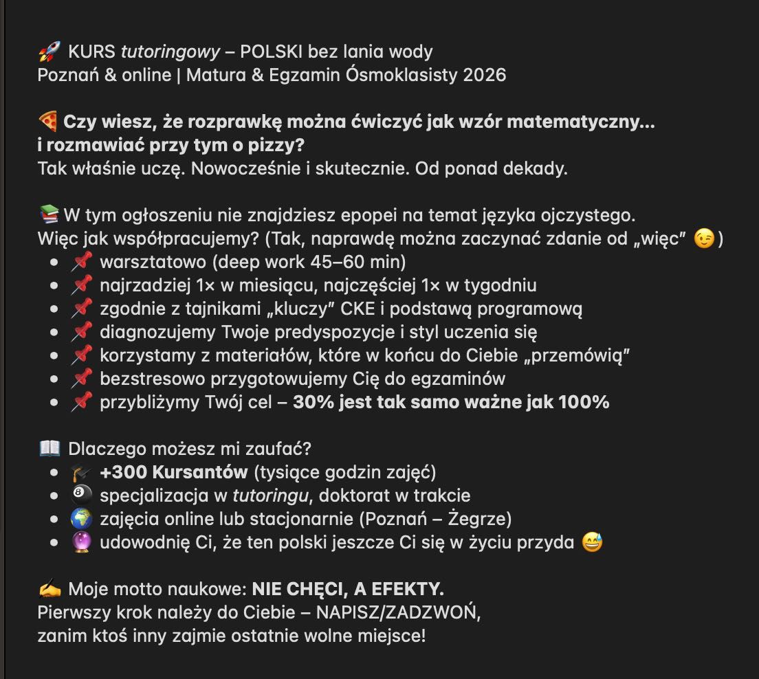 korepetycje kurs POLSKI matura pisemna ustna egzamin ósmoklasisty