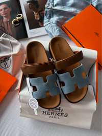 Шльопанці тапочки в стилі Hermes Chypre Apricot Sandals Jeans Brown