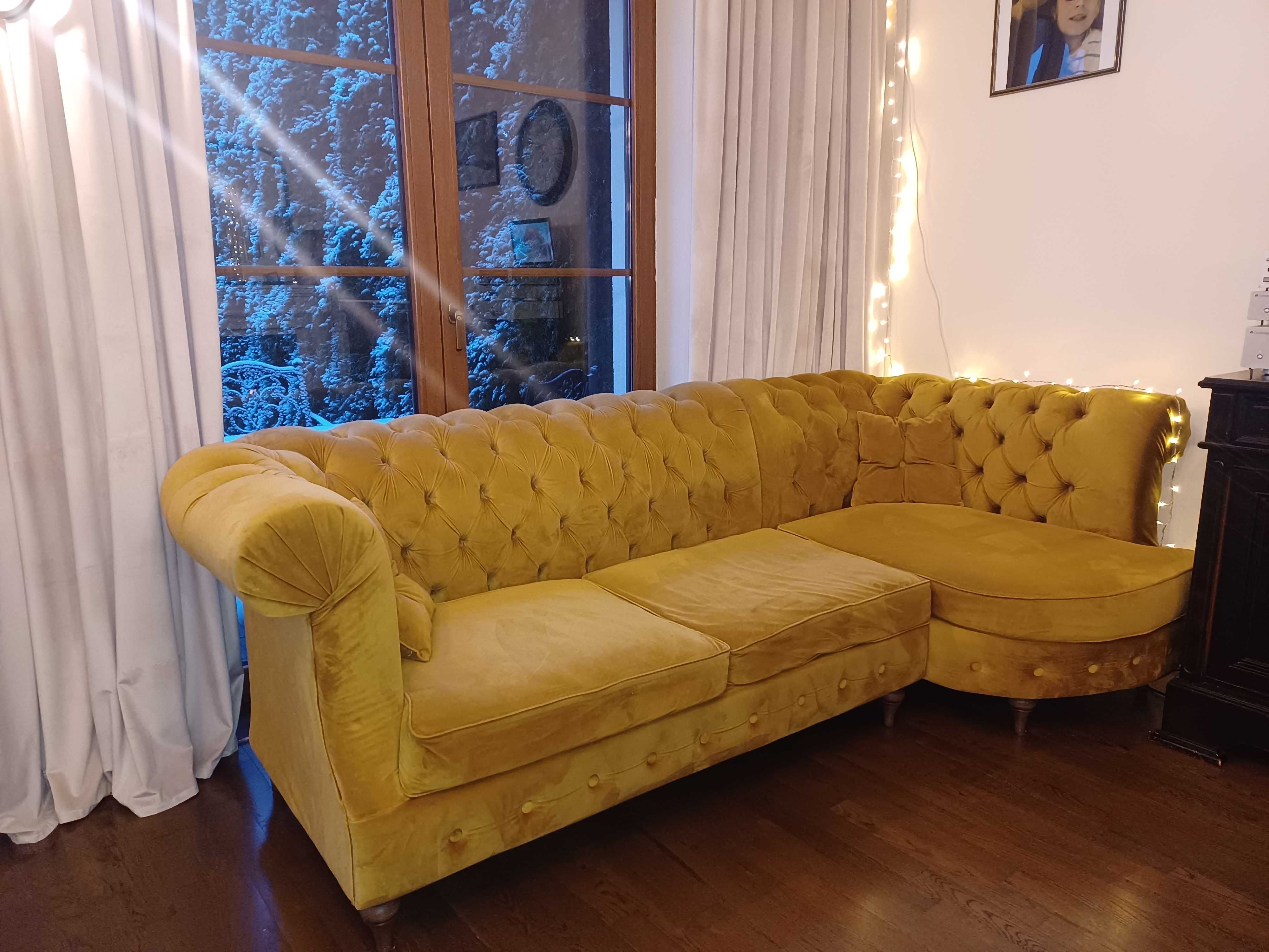 Chesterfield Złoto-musztardowe meble: Sofa + fotel