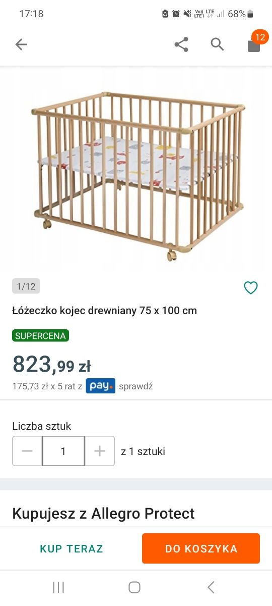 OKAZJA Nowe drewniane Łóżeczko, kojec dla dziecka niemowlaka na kółkac