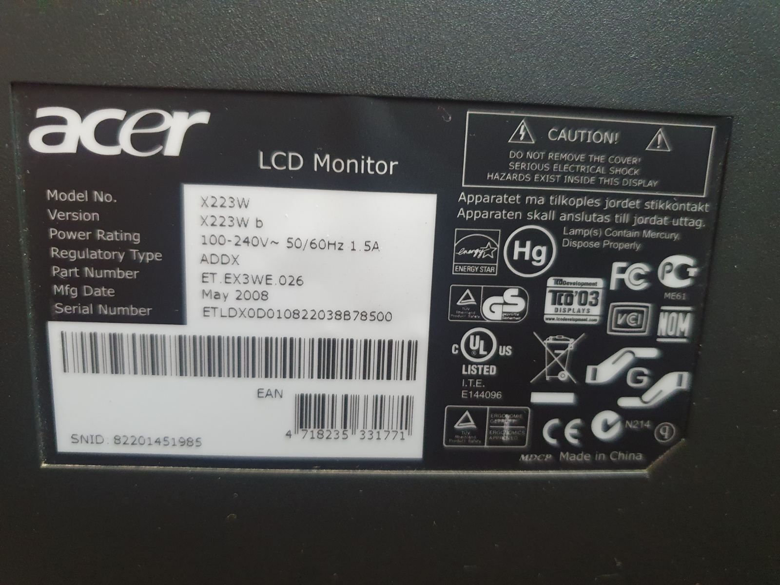 Монітор Acer X223w