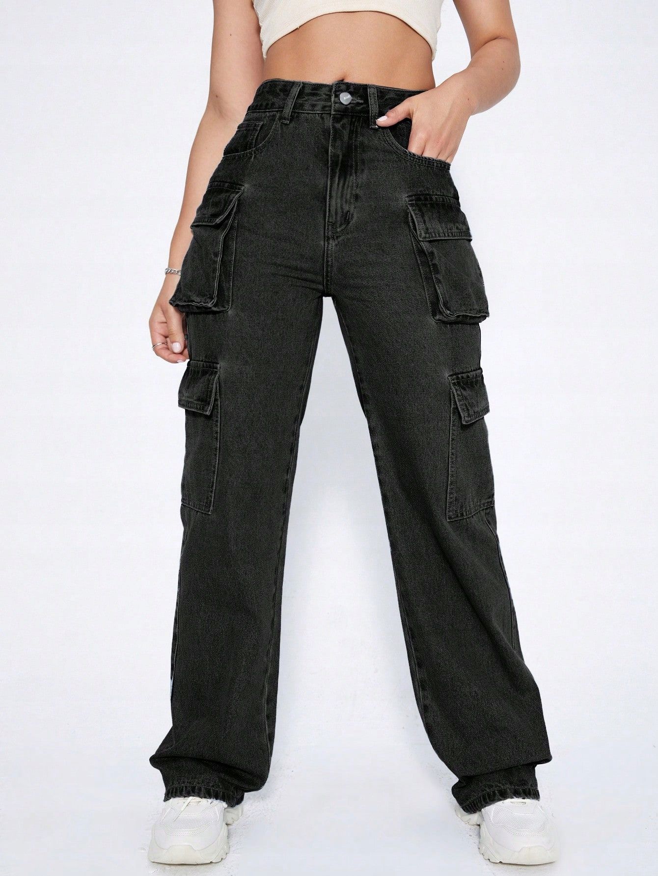 Jeansy bojówki cargo z wysokim stanem czarne casual SHEIN XXS 32