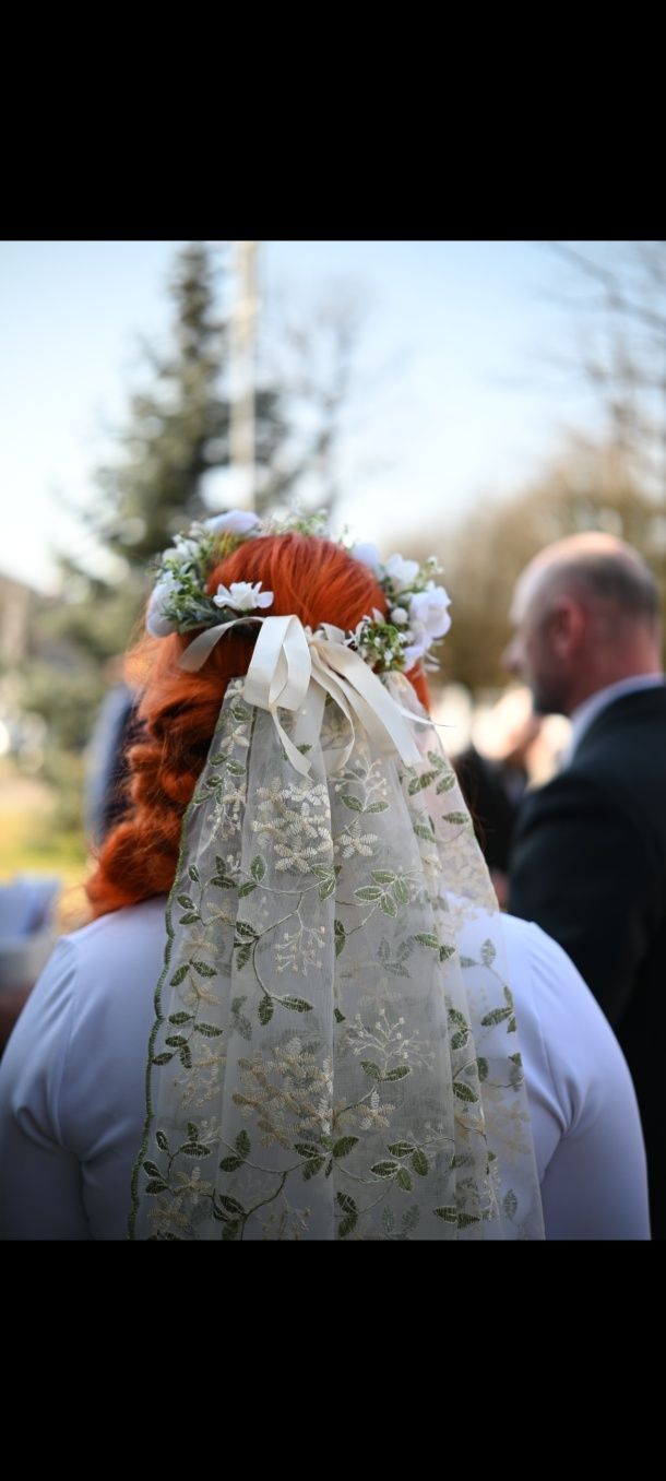 Suknia ślubna xl bawełna kwiaty wianek i welon