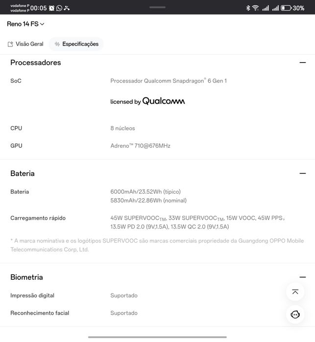 Telefone OPPO Reno 14 FS 5G novo 512 Gb