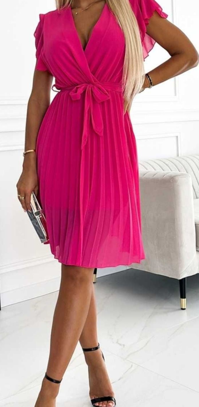 Nowa elegancka sukienka fuksjowa różowa plisowana 42 xl komunia wesele