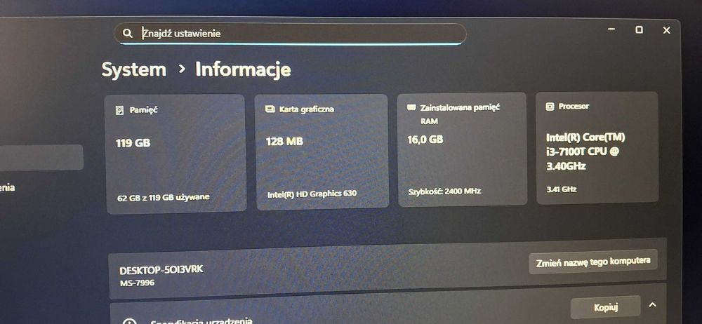 Komputer / Intel Core i3 7gen / 120 GB SSD+1000 GB HDD / 16GB RAM DDR4