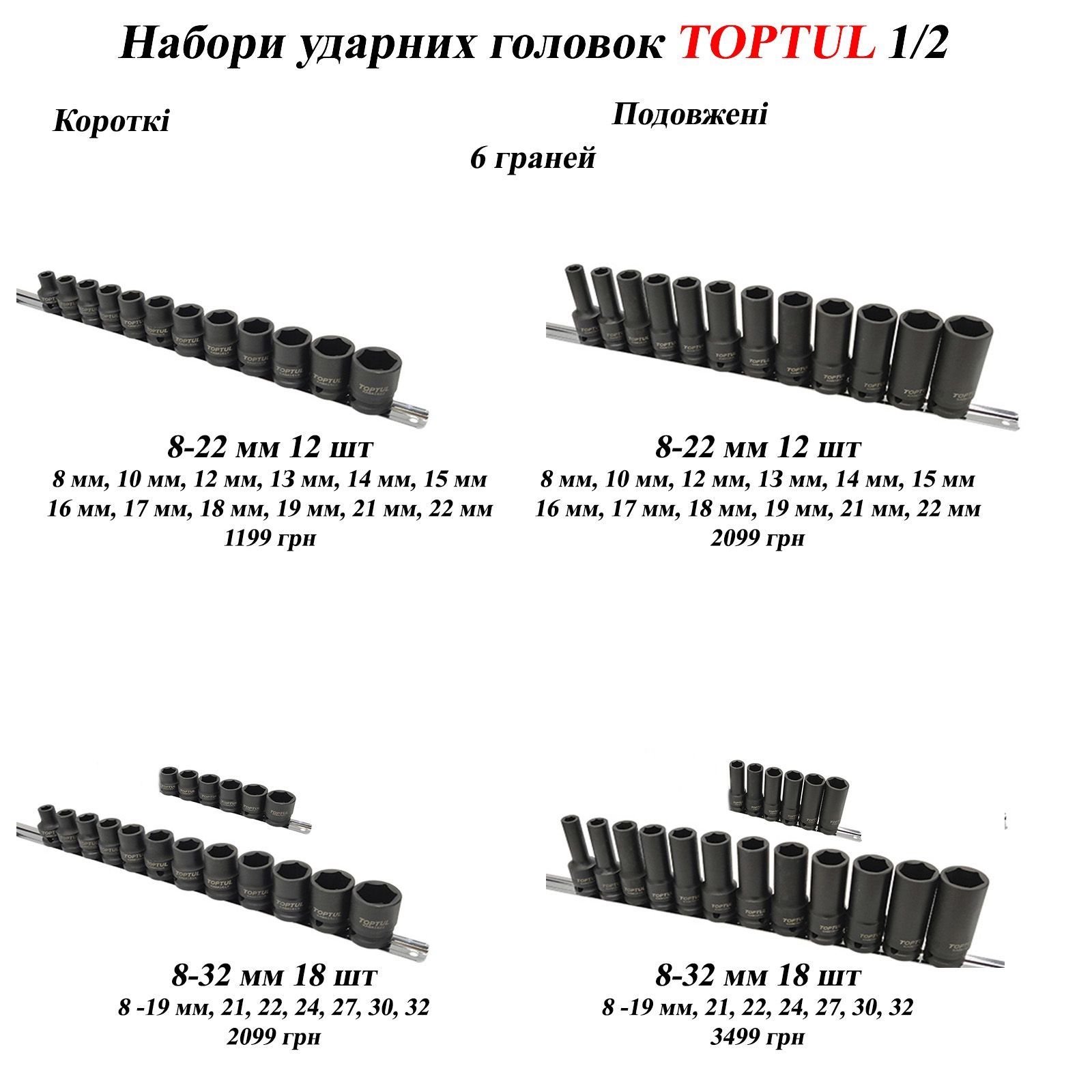 Набір головок набор TOPTUL оригінал короткі подовжені ударні на планке