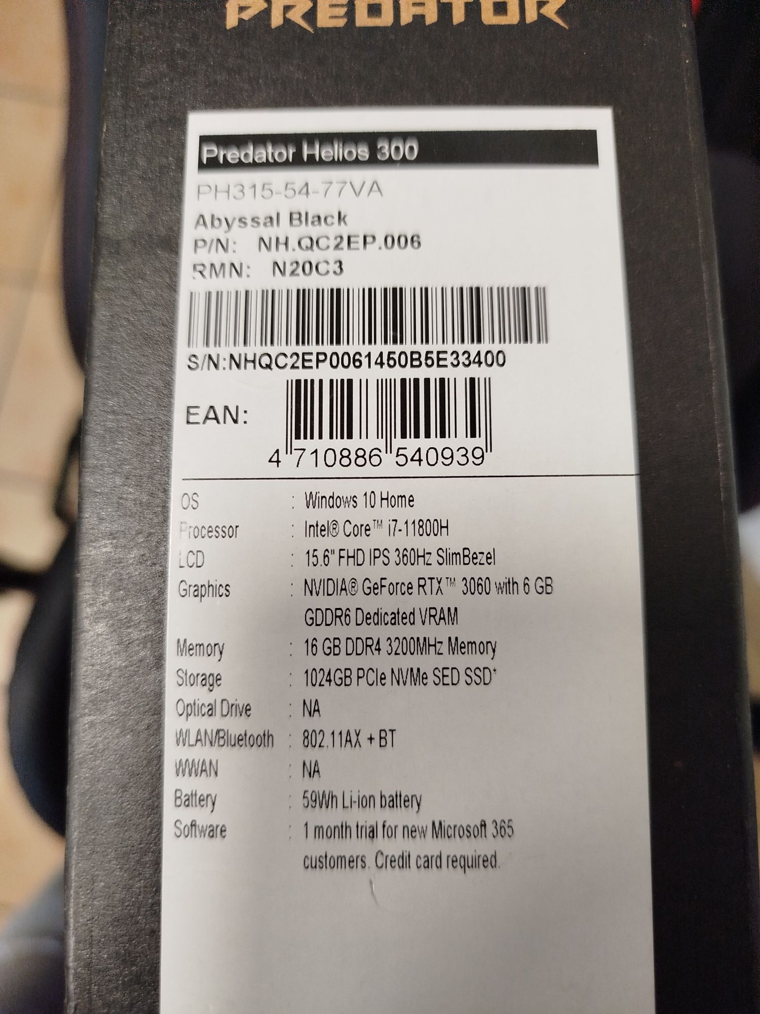 Laptop gamingowy Acer Predator Helios 300 i7 16gb