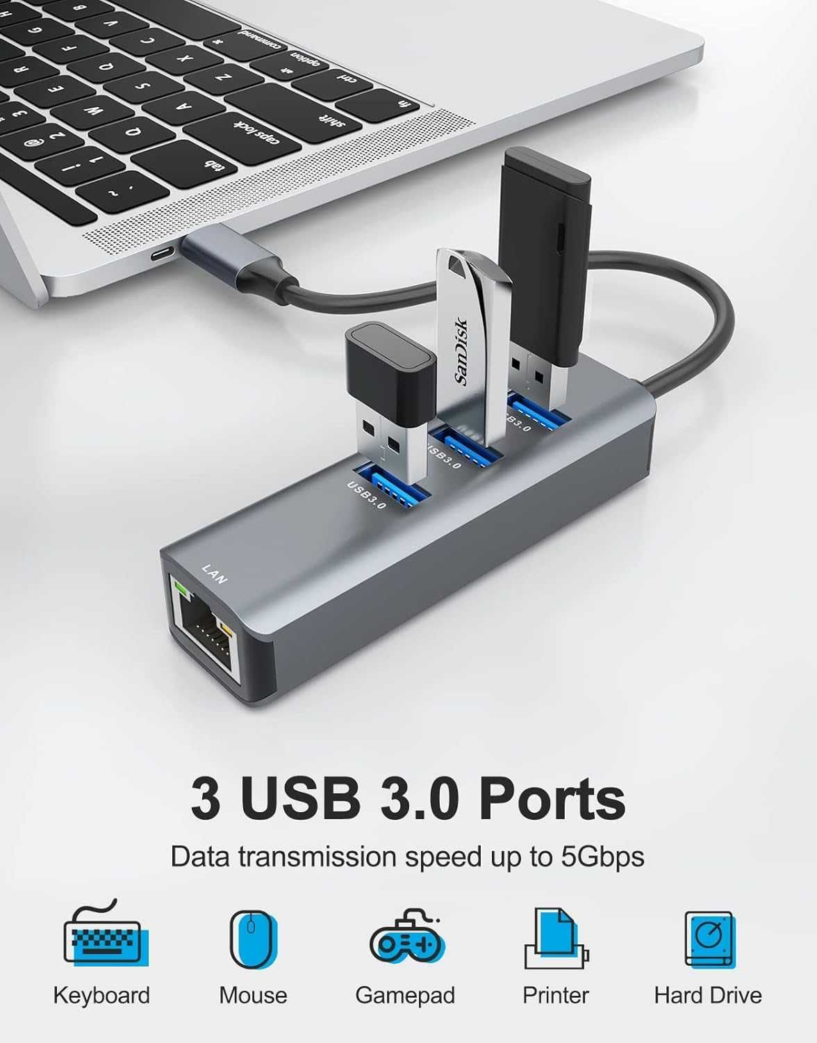 ABLEWE Hub USB-C 3x USB 3.0 RJ45 Gigabit karta sieciowa USB-C Adapter