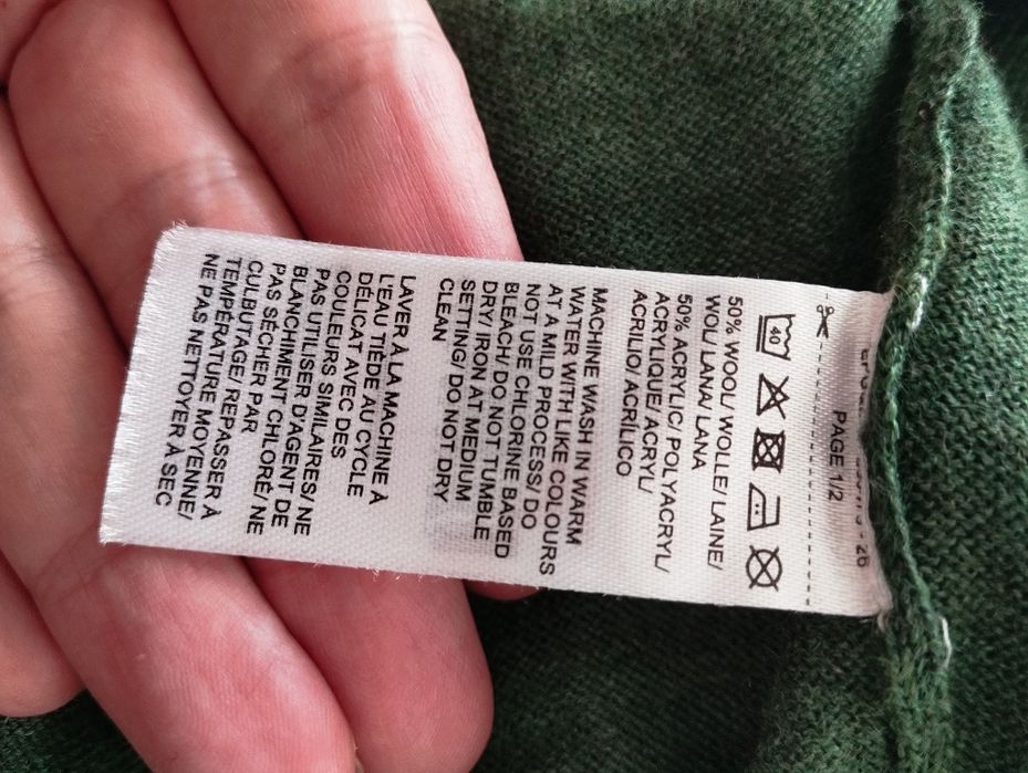 Jesienny, zimowy męski sweter z wełną, w serek, ciemnozielony r. XXL D
