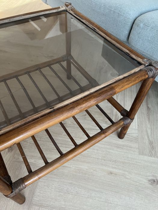 Rattanowy stolik z szybką vintage retro cottage