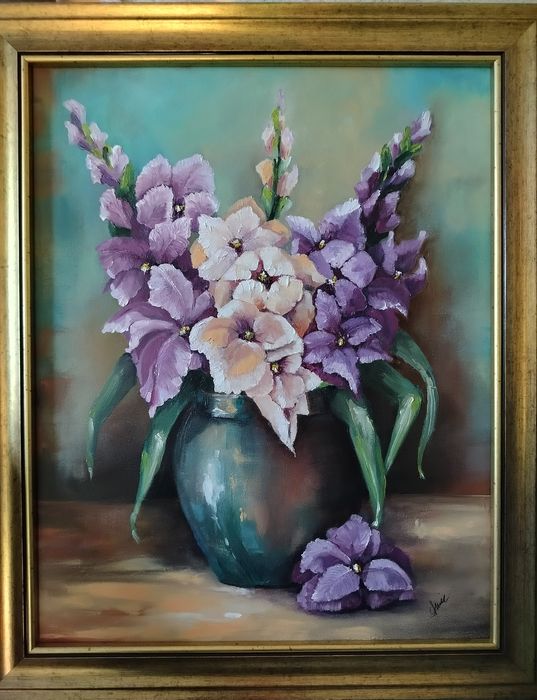 Obraz olejny Gladiole w złotej ramie 48cm/58 cm