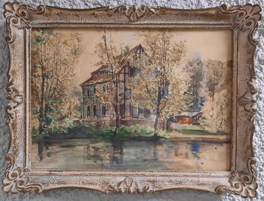 Pejzaż z Pałacem Piękna Akwarela Sygnowana