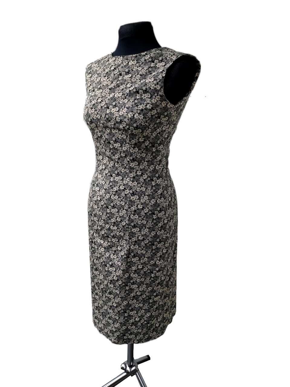 Elegancka szara ołówkowa sukienka w kwiaty 36 S vintage retro preppy