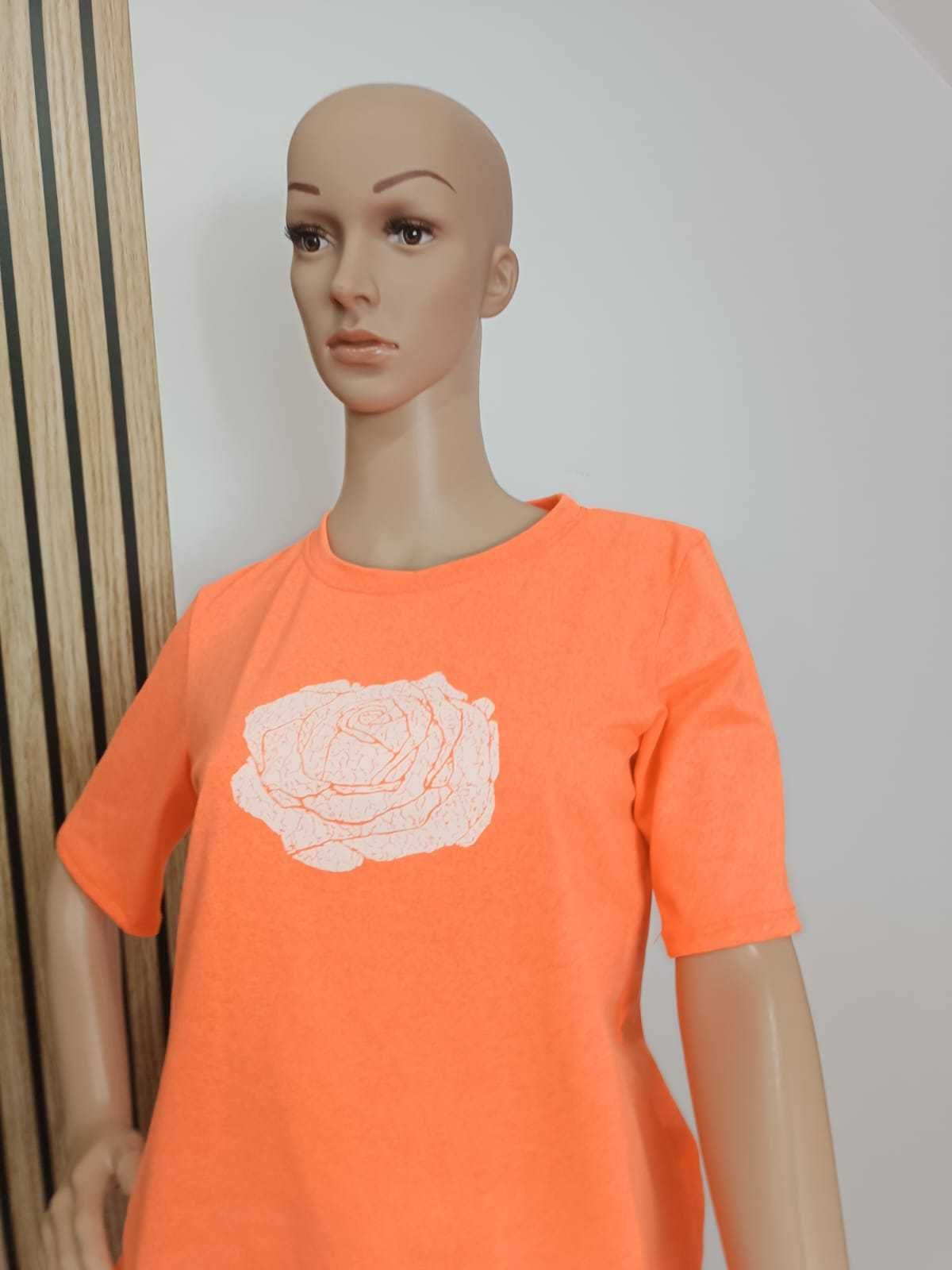 T shirt z różą na dekolcie neonowy pomarańcz UNI PS