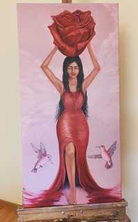 Obraz olejny ręcznie malowany kobieta/róża/ptaki/róż/czerwień