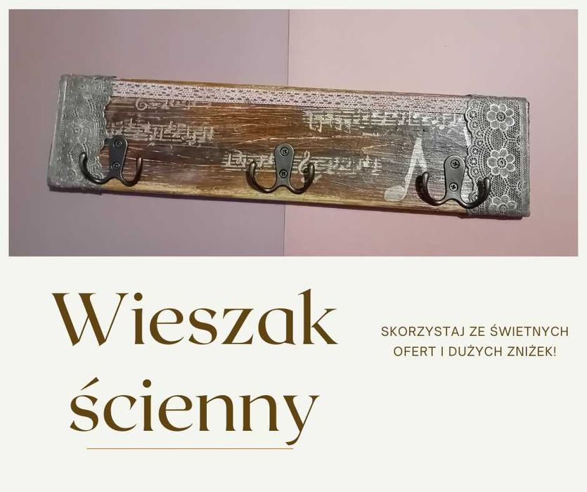 Wieszak drewniany z 3 podwójnymi wieszakami.  39 cm.
