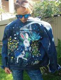 Джинсовка пиджак ручная роспись р.м-л Белый кролик.
