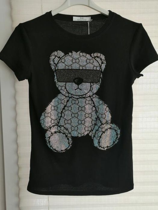 Czarny t-shirt MIŚ srebrny misiek dżety r.S/M