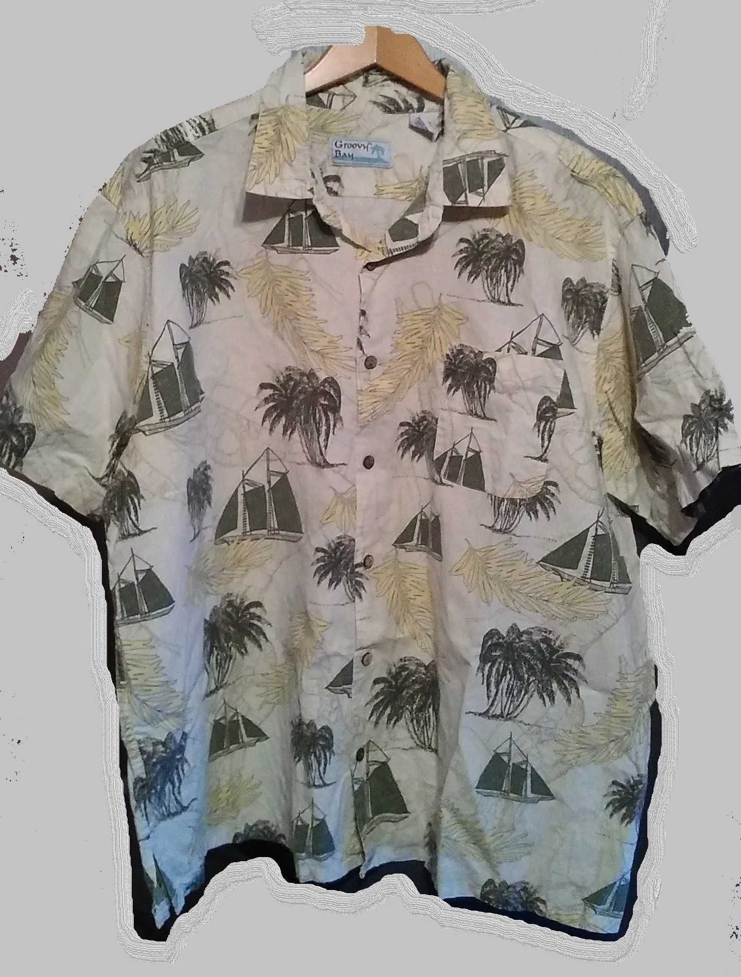 Koszula hawajska,XXL, BAWEŁNA, PALMY,JACHT,khaki,Groove Bay, na ryby