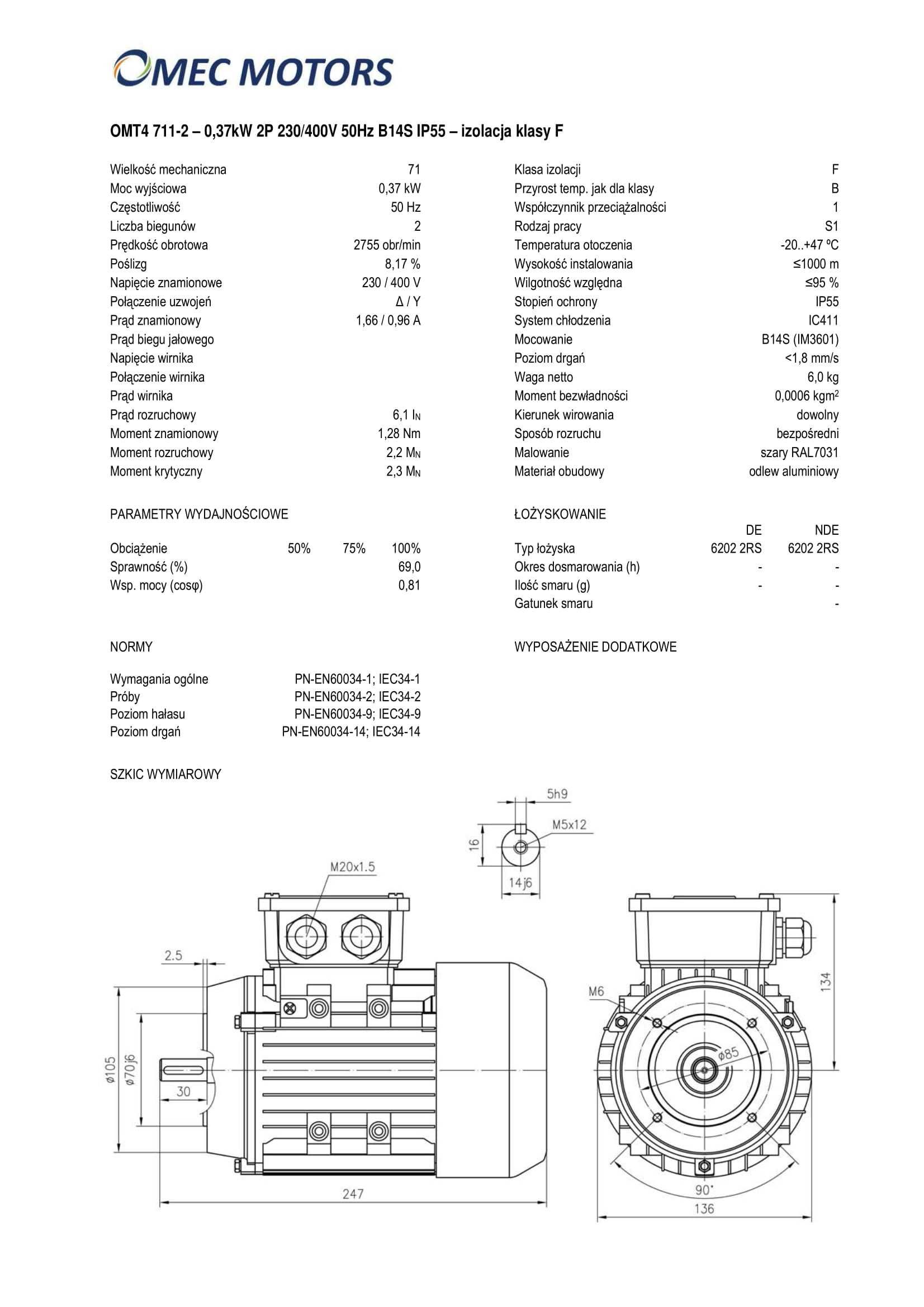 silnik elektryczny 0,37kW 2900obr. 3fazowy 71B14 OMT