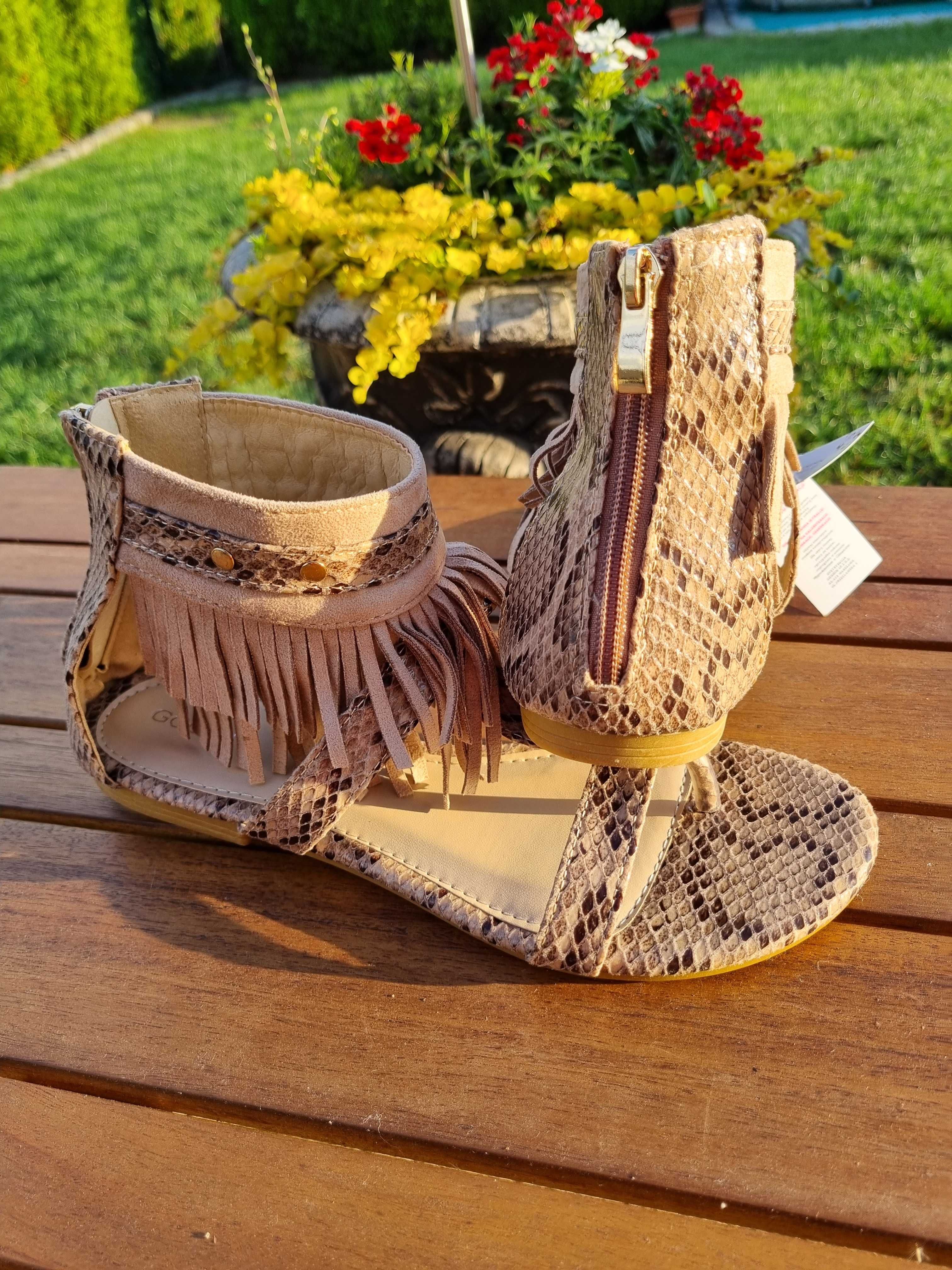 NOWE sandały Boho frędzle R 38 sandałki japonki - struktura skóra węża