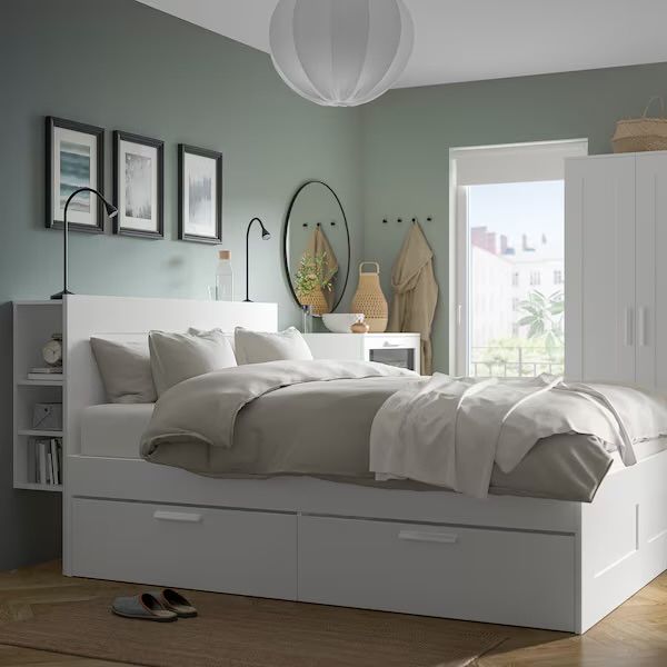 Łóżko BRIMNES -  Rama łóżka z pojemnikiem, zagłówek, biały + dno