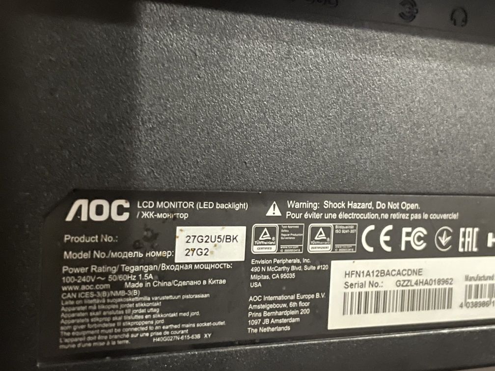 Монитор AOC 27'' 27G2U5/BK, IPS, 1920x1080, 2xHDMI/DPort/VGA, 1мс, 75г