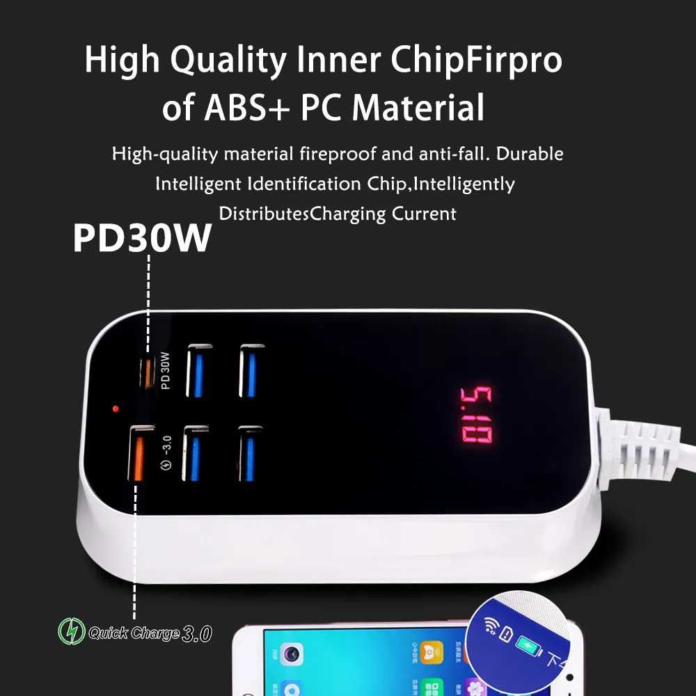 Зарядна станція 5 портів USB +QC3.0 PD3.0 з дисплеєм, Quick Charge