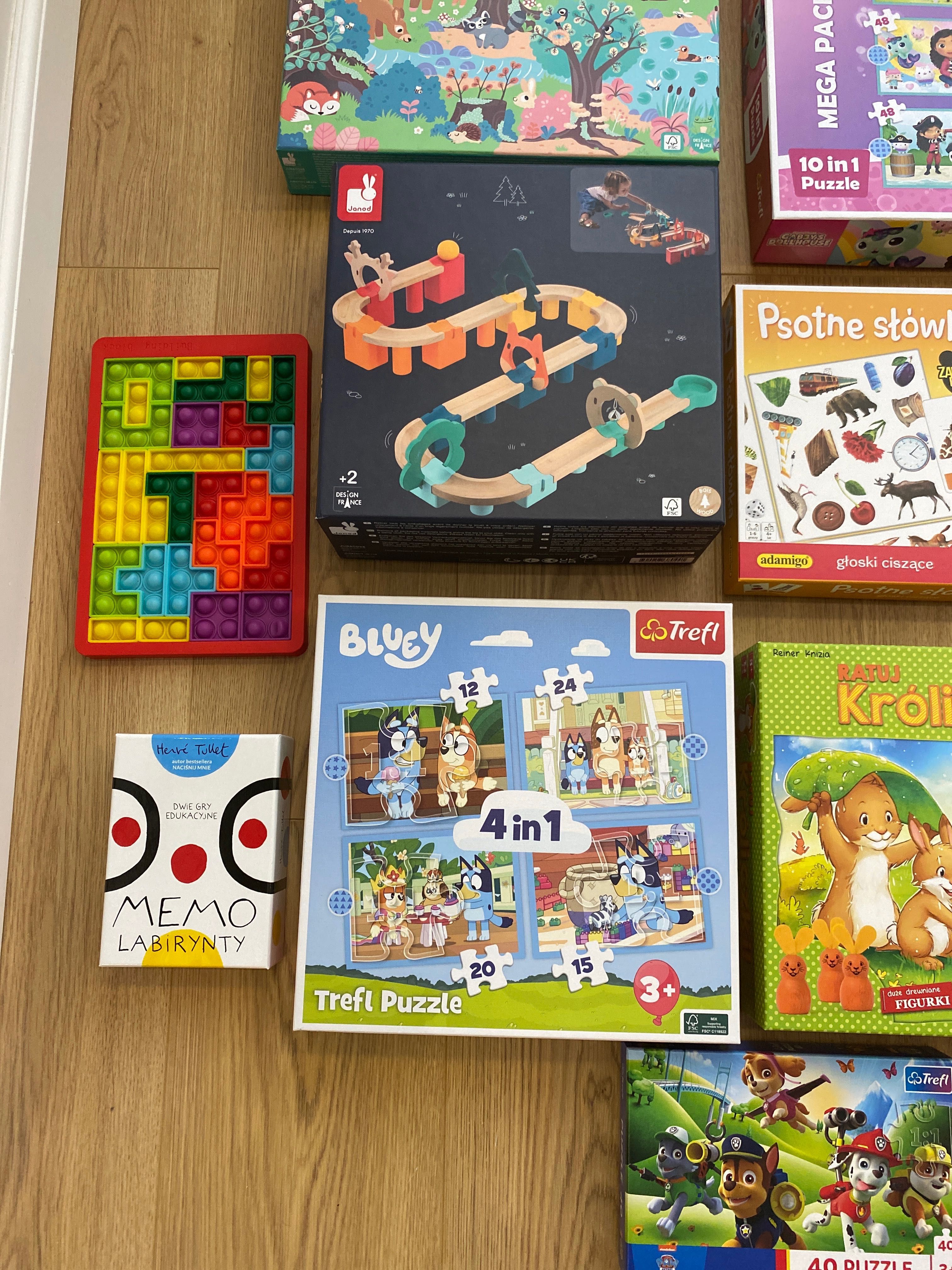 Zestaw Janod kulodrom, puzzle Janod, Trefl, Viga, polly pocket i inne