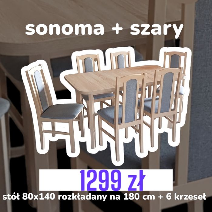 Nowe : Stół rozkładany + 6 krzeseł,  sonoma + szary , dostawa PL