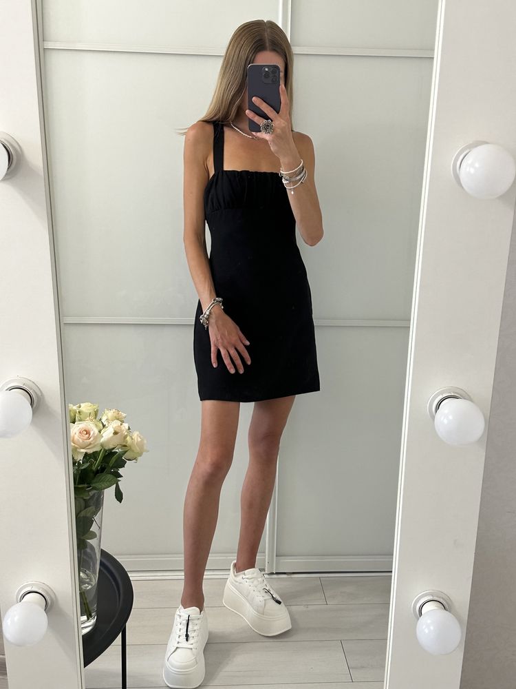 Чорна коротка сукня міні з домішками льону , Zara, розмір XS