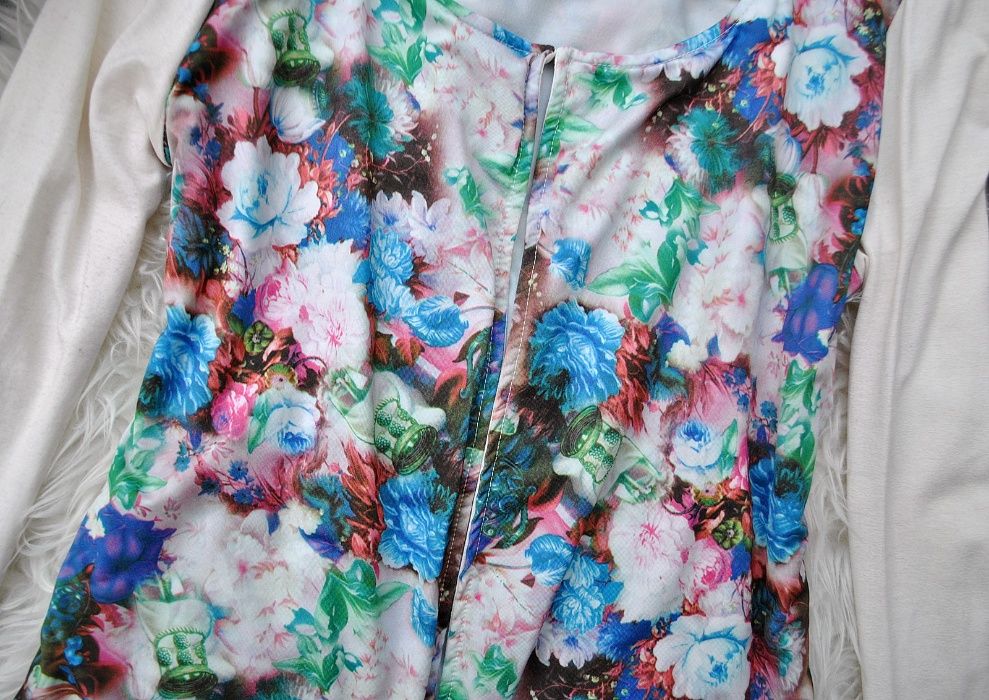 Bluzka Narzutka Ecru Kolorowe Malowane Kwiaty Boho Hippie Folk Retro