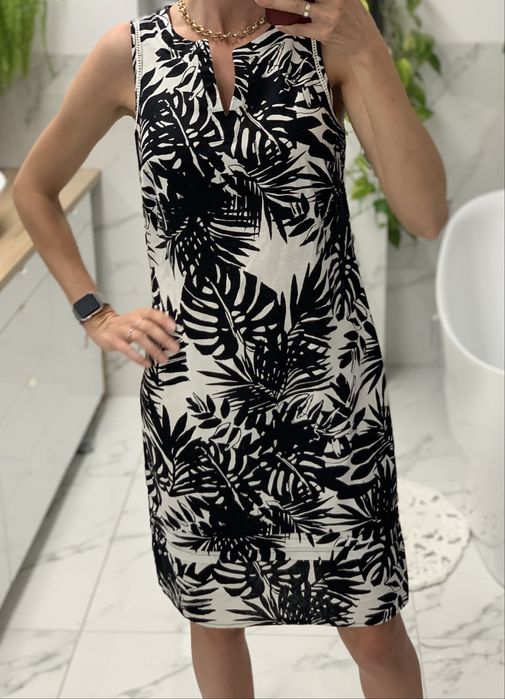Sukienka czarno biała wzor lisci tropikalny na lato len wiskoza 36 38