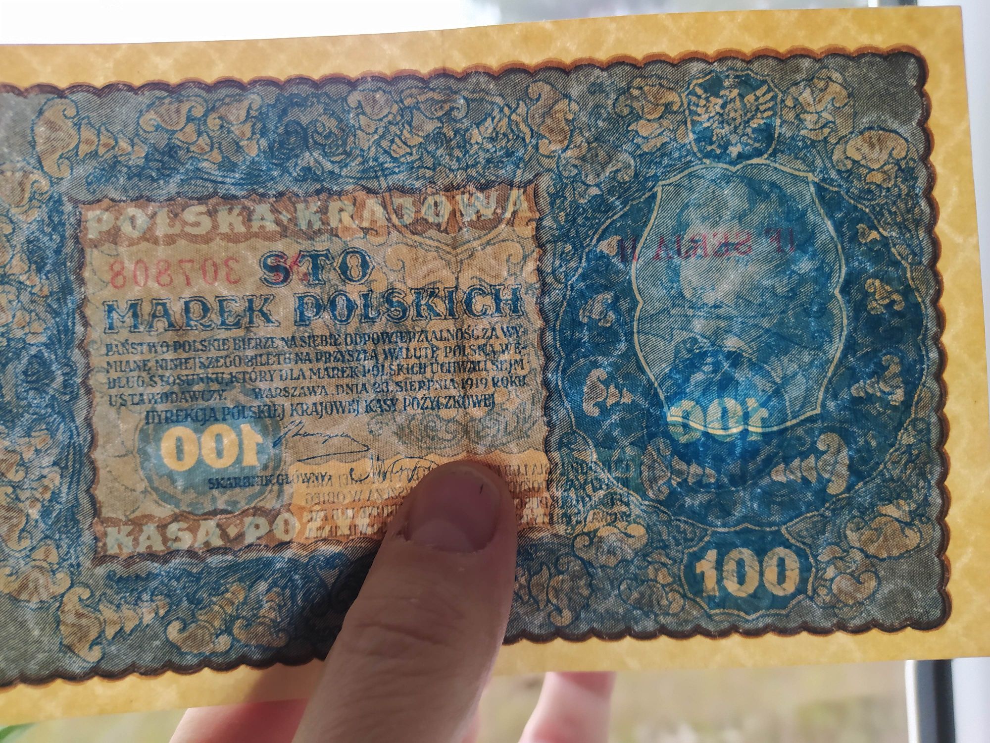 Banknot 100 Marek Polskich 1919 r  ;3