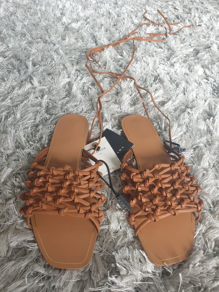Zara 37 nowe sandaly skórzane karmelowe wiązane rzemyki brązowe skóra