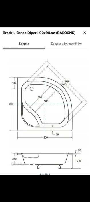 Brodzik półokrągły 90x90x24/35 plus obudowa