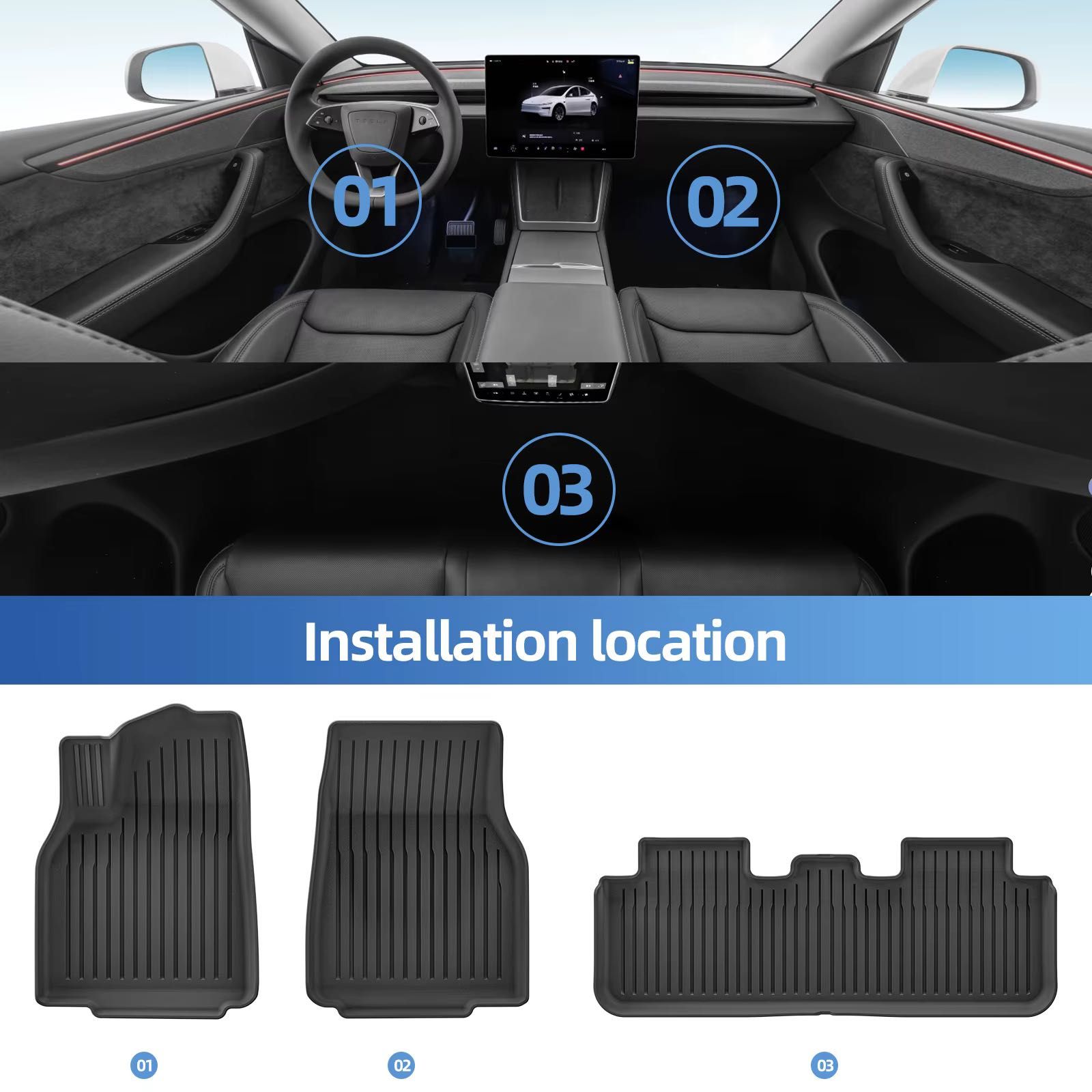 Conjunto 9 Tapetes Borracha TPE All Weather Tesla Model Y 2025 Juniper