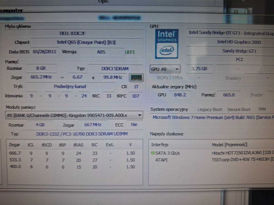 Komputer Dell Optiplex 790 i5 2400 8GB RAM 320GB HDD Win7 org
