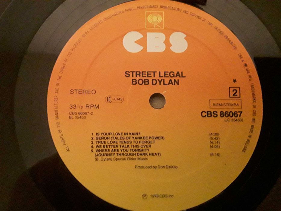 Виниловая пластинка  Bob Dylan  "Street Legal" 1978 г.