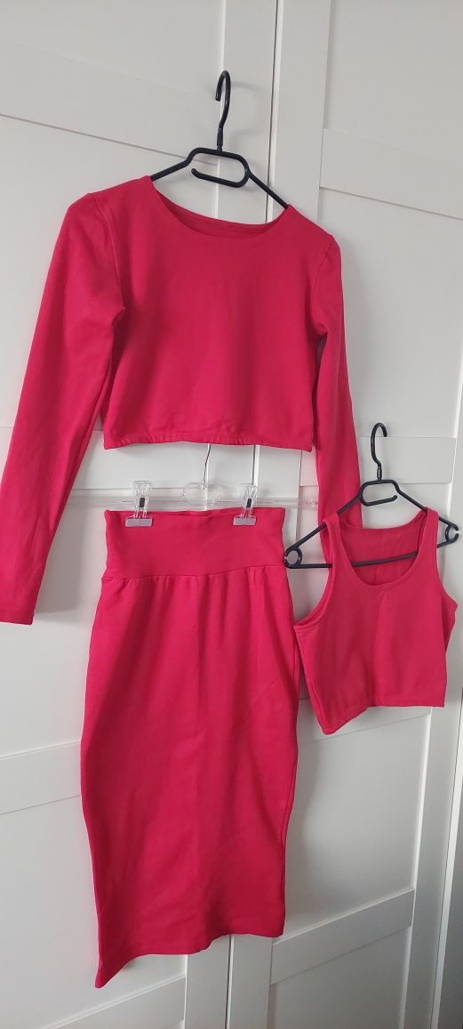 Komplet czerwony top, bluzka i ołówkowa spódnica M
