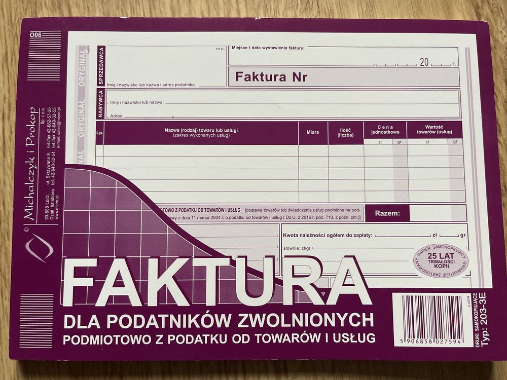Druk faktura dla podatników z zwolnionych z podatku