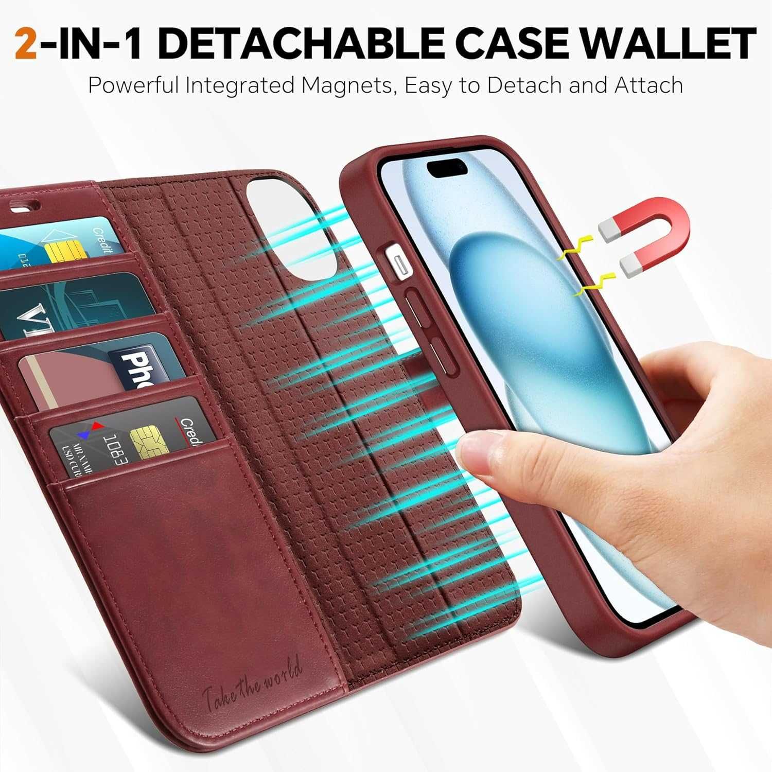 TUCCH iPhone 15 Plus etui skórzane magnetyczne bordowe Portfel  2w1