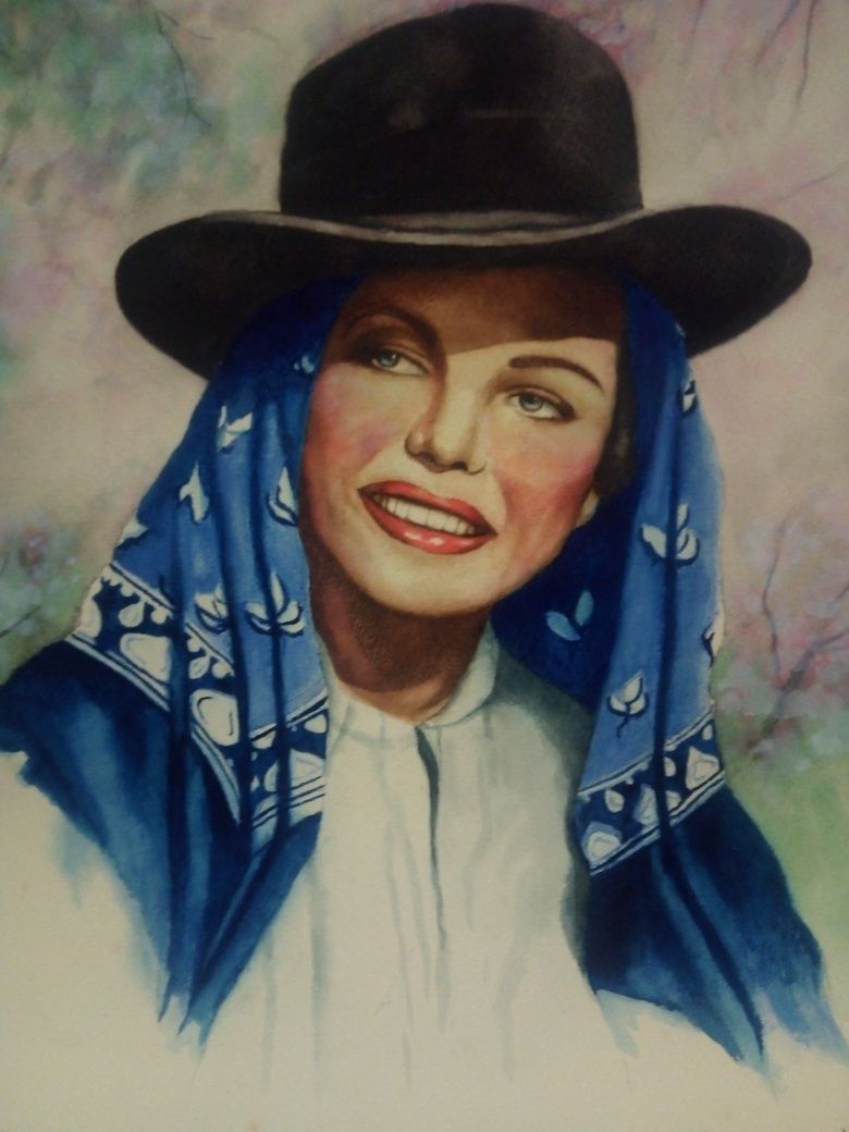 C. Pereira de Lima - antiga aquarela -retrato de uma mulher com chapéu