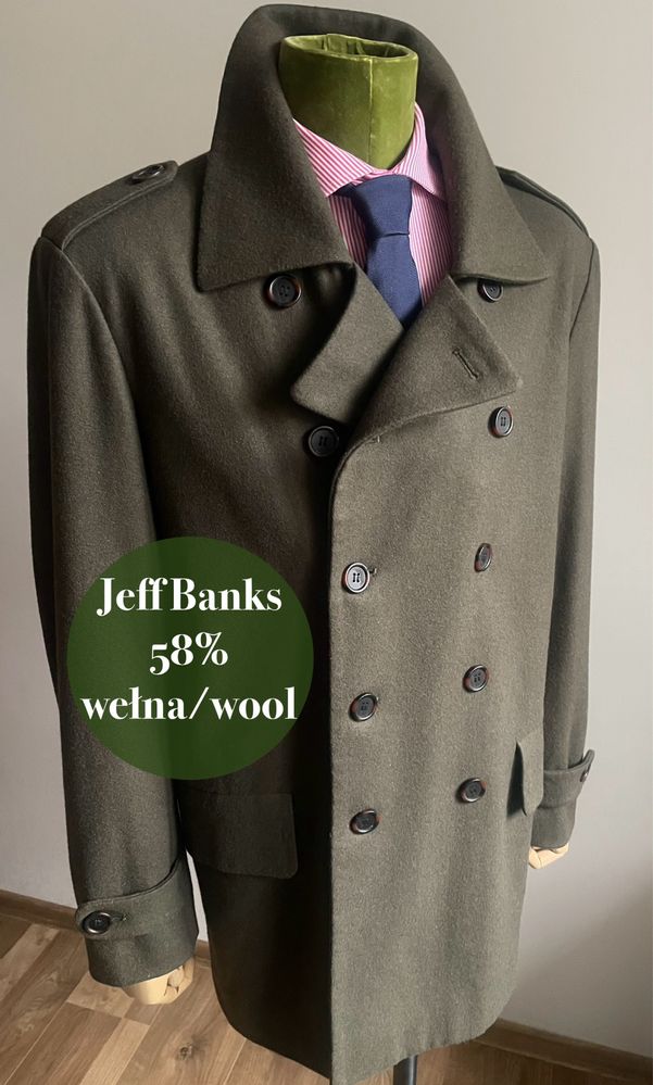 Dwurzędowy płaszcz khaki Jeff Banks XL 54 58% wełna/wool