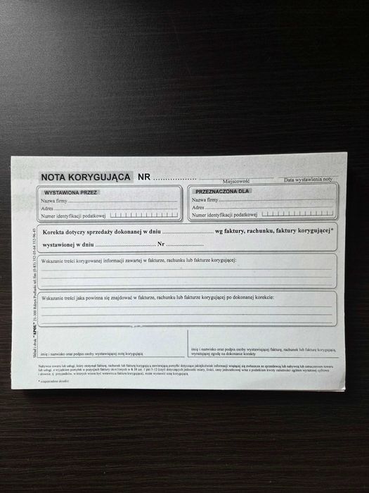 Druk faktura, faktura korygująca, nota korygująca druczek