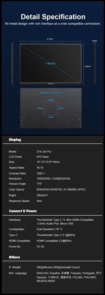 Сенсорный монитор ZEUSLAP Z14 Lite Pro touch Switch ps4/5 xbox ноутбук