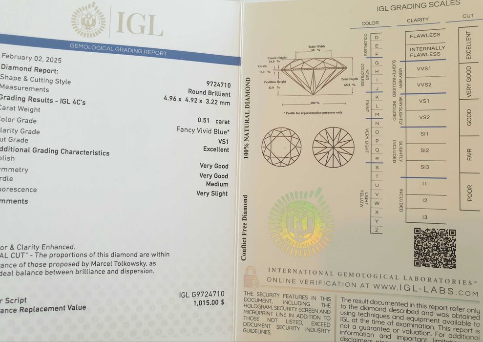 Diament Naturalny Brylant Niebieski 5 mm 0,5 Karata VS1 Certyfikat