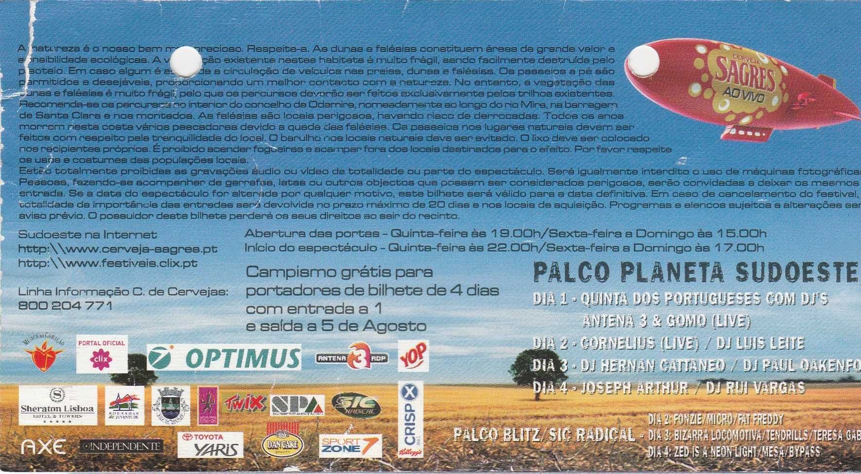 Bilhete Convite Festival do Sudoeste 2002 - Colecionadores/Collectors