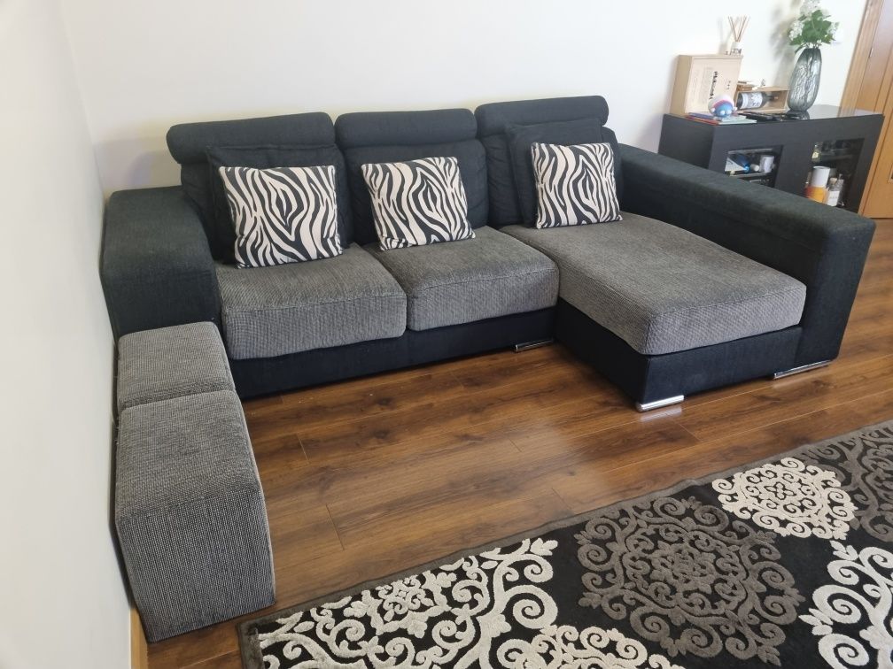 Sofá com chaise longue preto e cinza